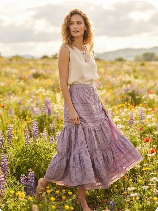 April Cornell Dresses & Skirts - April Cornell Lavender Silk Blend Lace Tiered Maxi Skirt Size XL